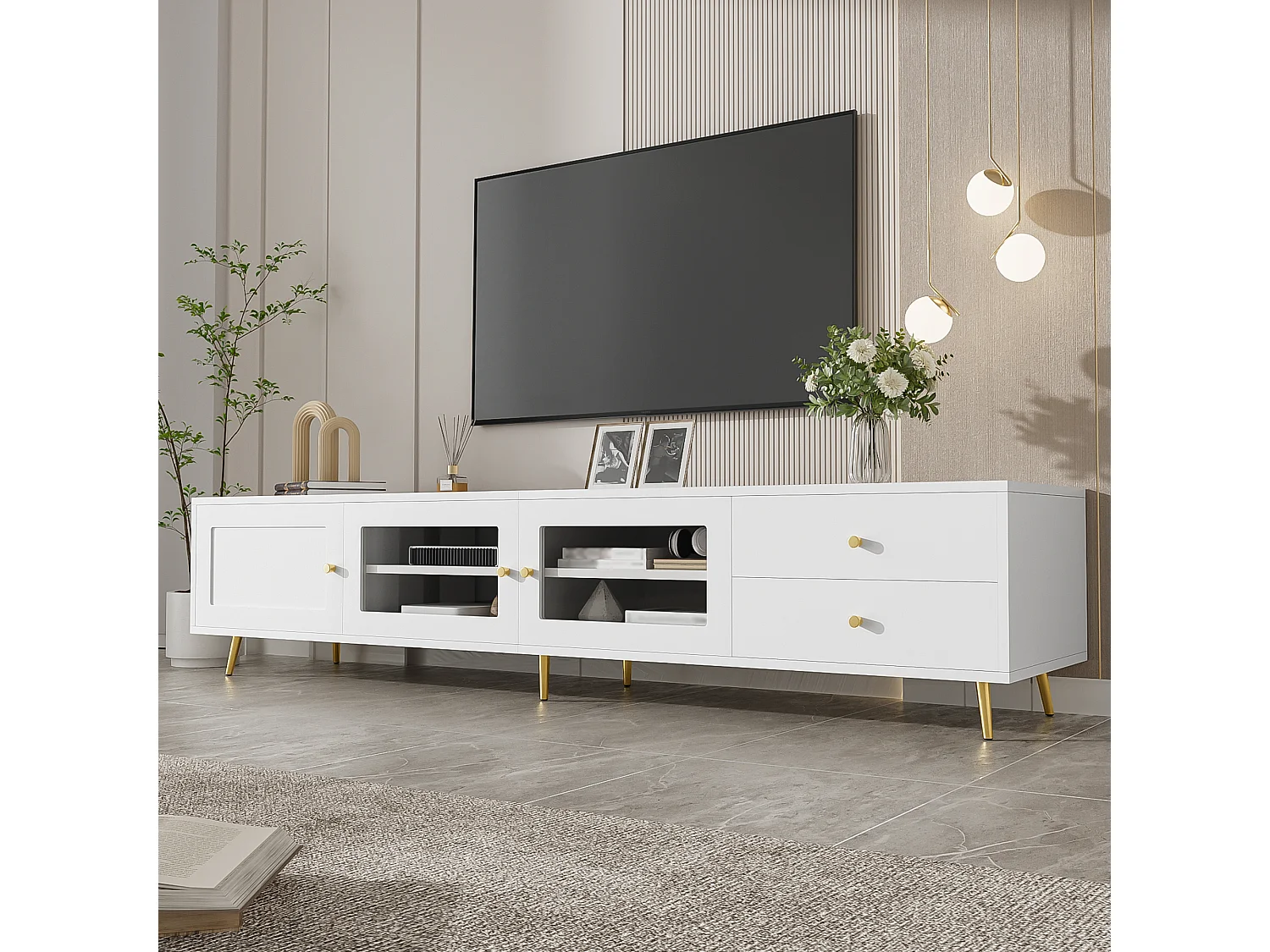 Modern TV-möbel 170x40x28cm - med 2 lådor och 3 dörrar - Justerbara hyllor och metallhandtag - vit