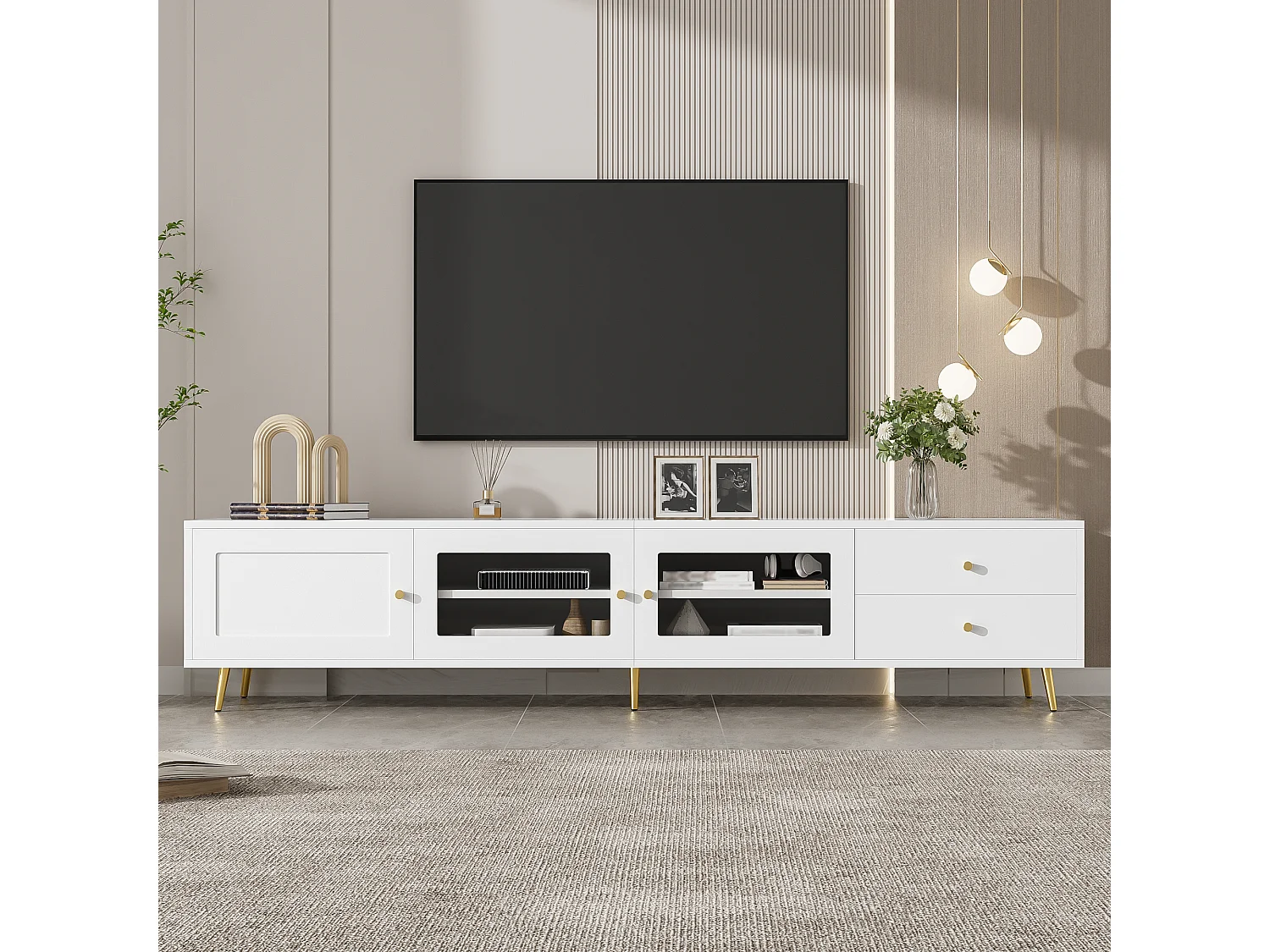 Modern TV-möbel 170x40x28cm - med 2 lådor och 3 dörrar - Justerbara hyllor och metallhandtag - vit