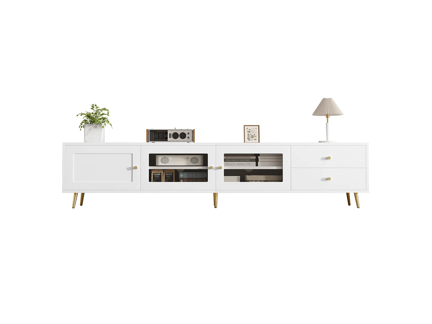 Modern TV-möbel 170x40x28cm - med 2 lådor och 3 dörrar - Justerbara hyllor och metallhandtag - vit