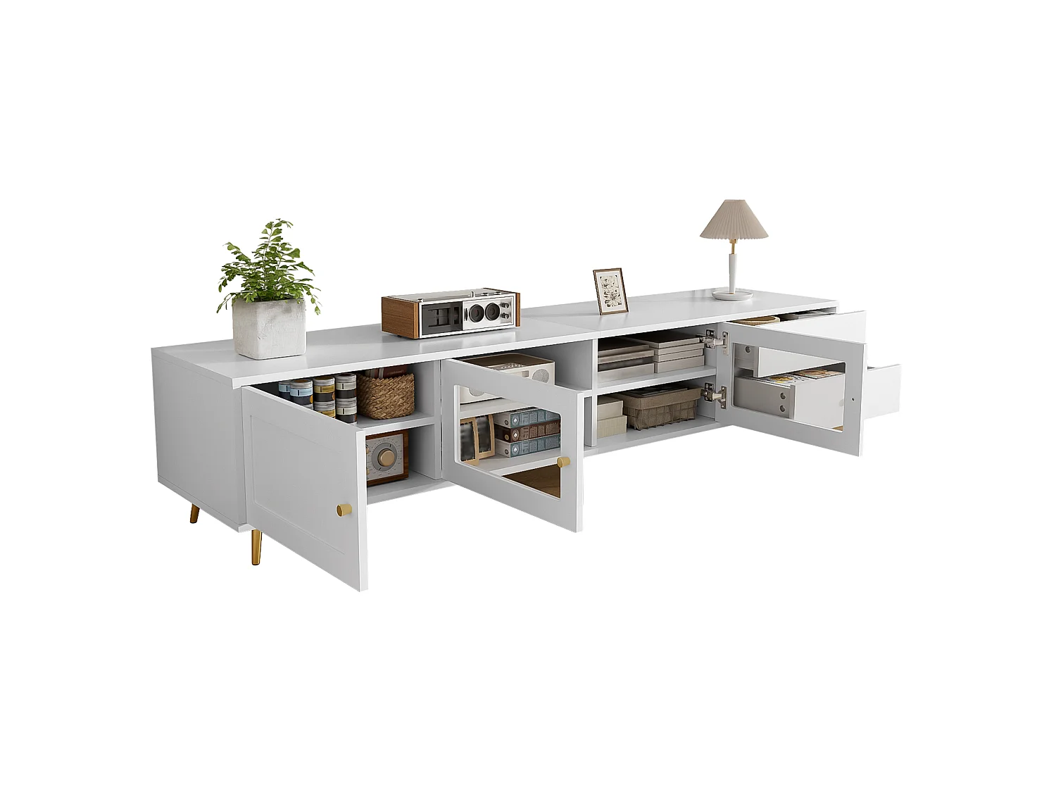 Modern TV-möbel 170x40x28cm - med 2 lådor och 3 dörrar - Justerbara hyllor och metallhandtag - vit