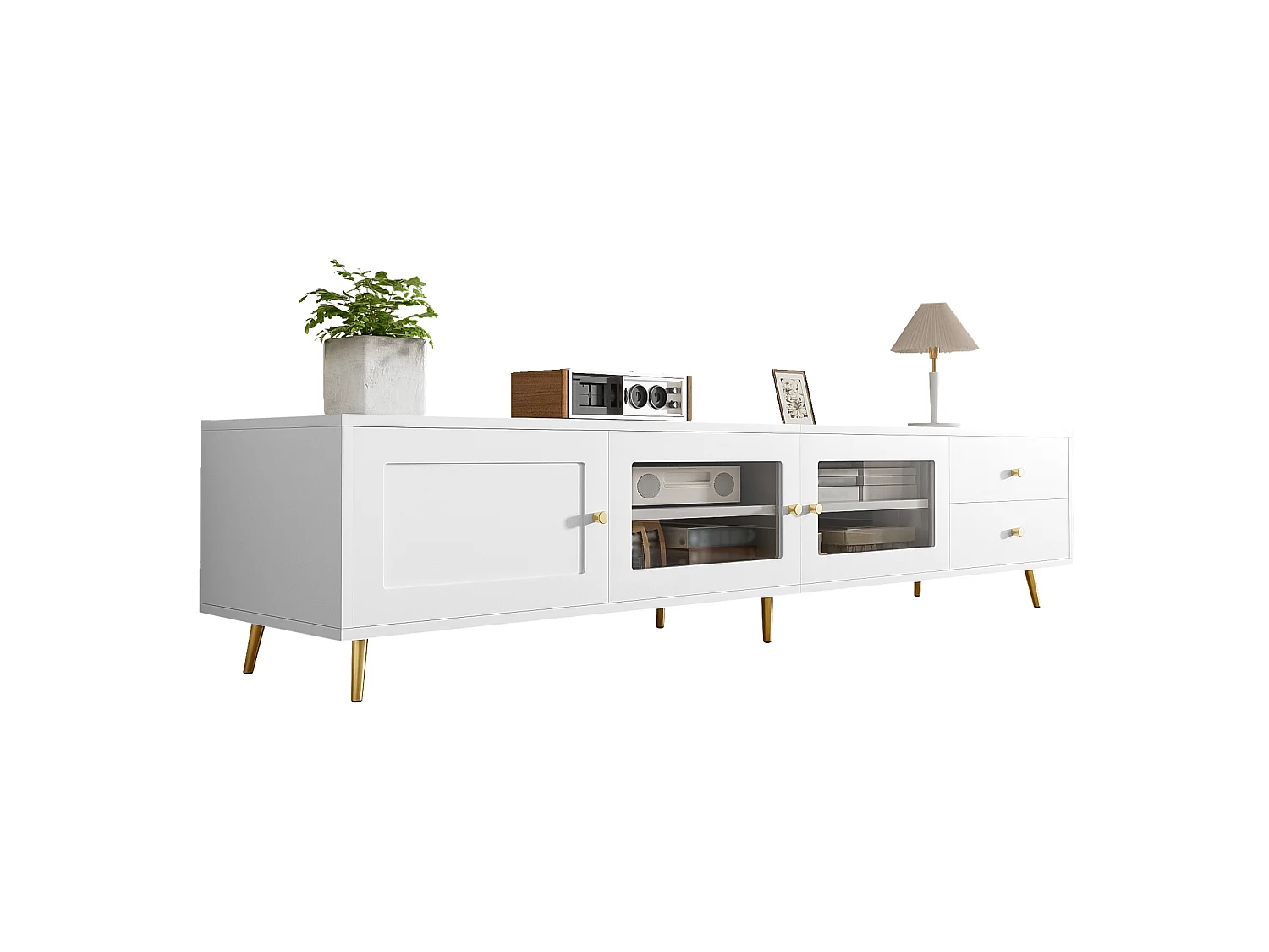 Modern TV-möbel 170x40x28cm - med 2 lådor och 3 dörrar - Justerbara hyllor och metallhandtag - vit