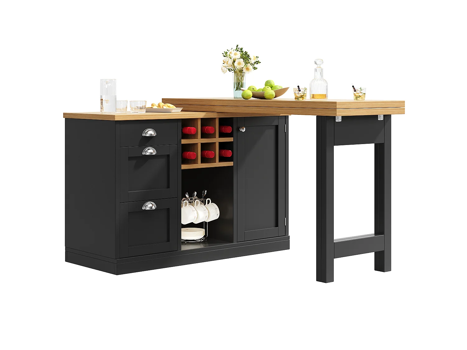 Köksö Multifunktionell 120-197cm - Vridbar Bar 360°, Vinförvaring & Lådor, Platsbesparande Design, MDF - Svart