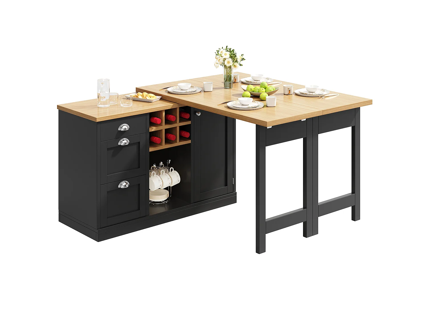 Köksö Multifunktionell 120-197cm - Vridbar Bar 360°, Vinförvaring & Lådor, Platsbesparande Design, MDF - Svart