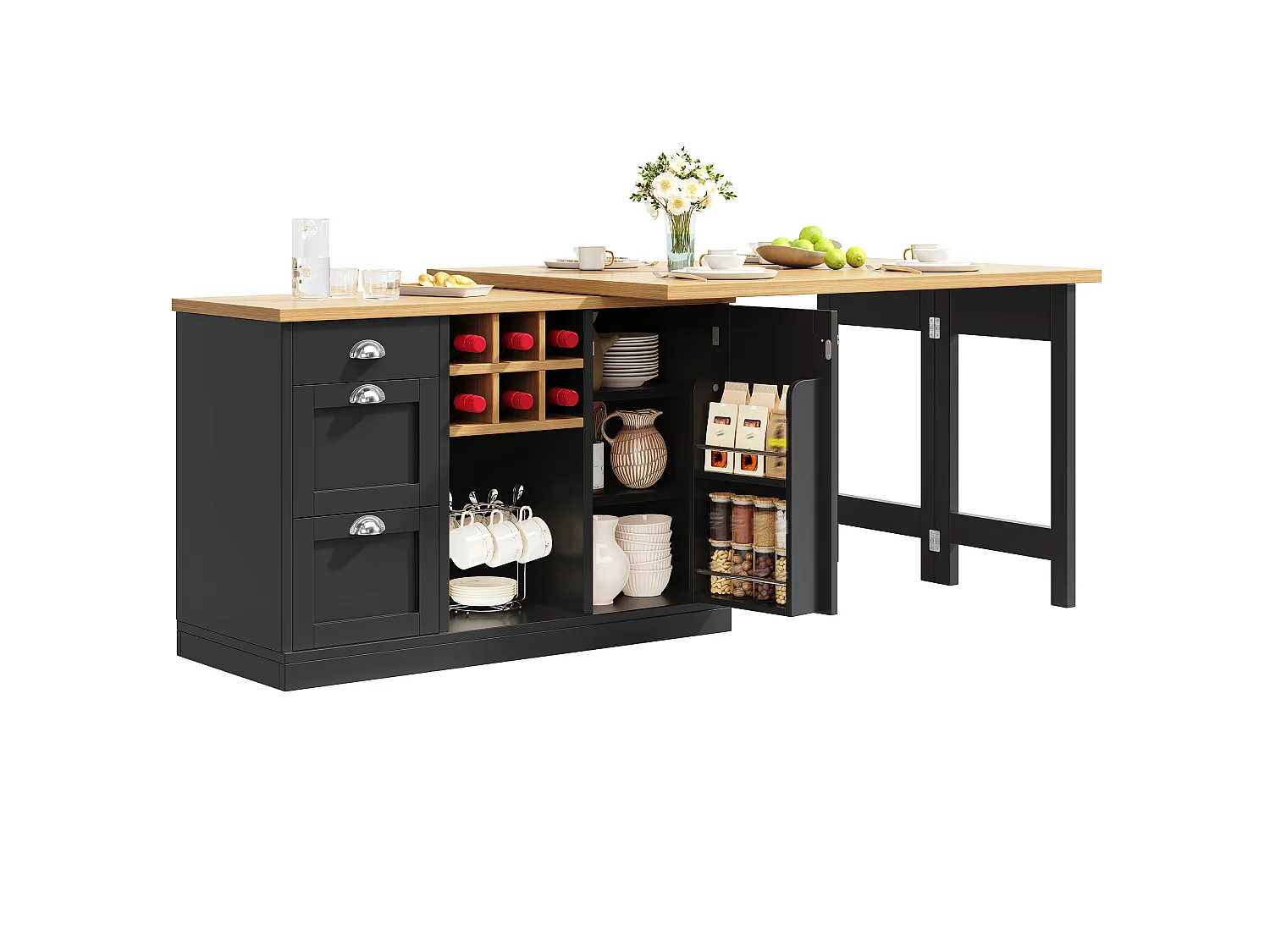 Köksö Multifunktionell 120-197cm - Vridbar Bar 360°, Vinförvaring & Lådor, Platsbesparande Design, MDF - Svart