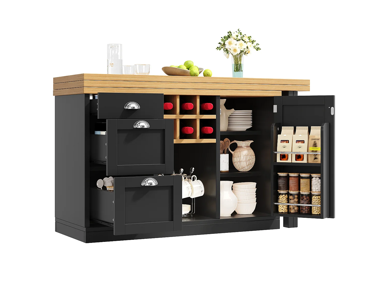 Köksö Multifunktionell 120-197cm - Vridbar Bar 360°, Vinförvaring & Lådor, Platsbesparande Design, MDF - Svart