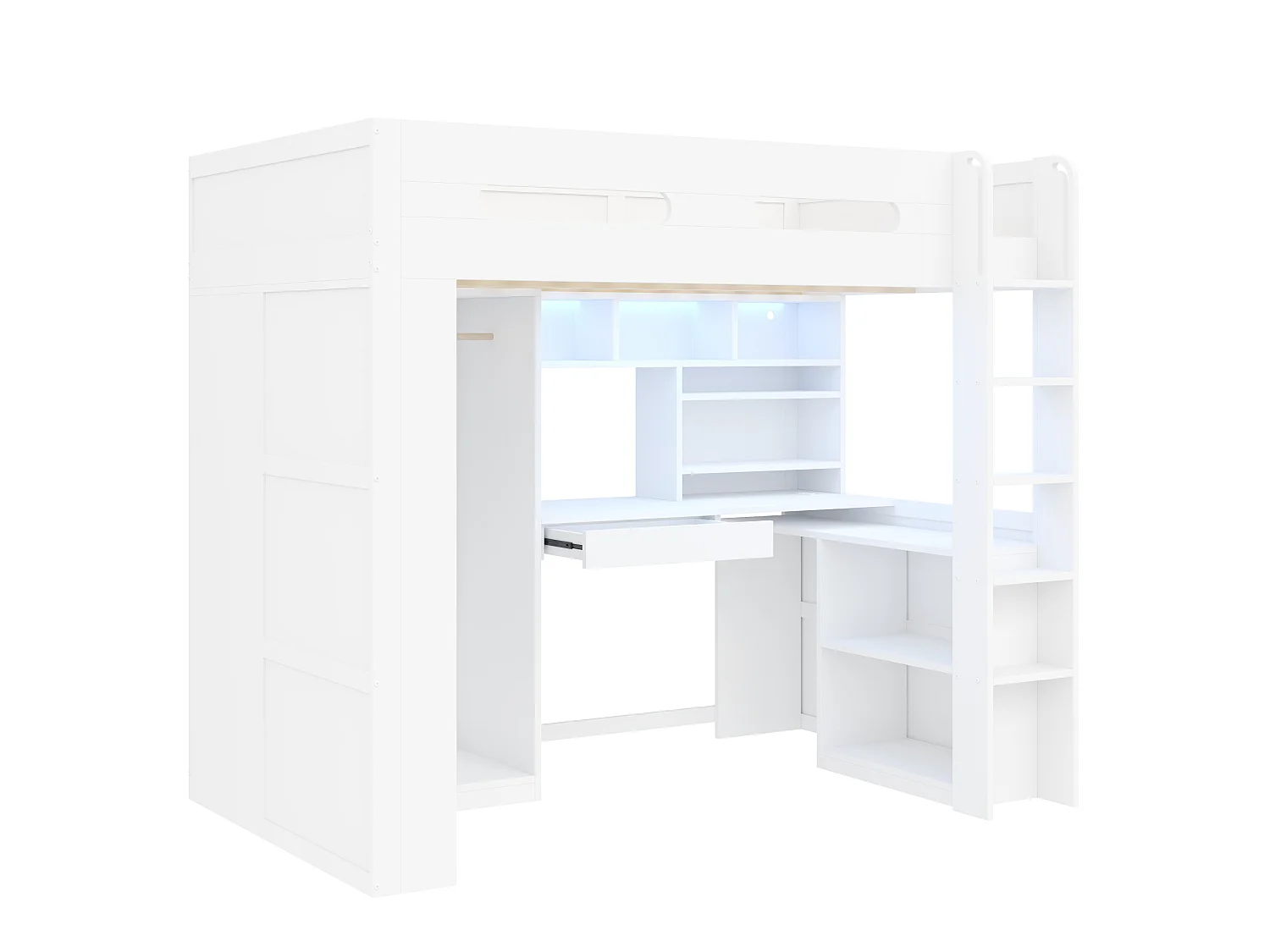 Lit mezzanine 90x200cm - Avec bureau et armoire - 1 tiroir et étagère ouverte - Lumière LED et port USB - Blanc (sans matelas)