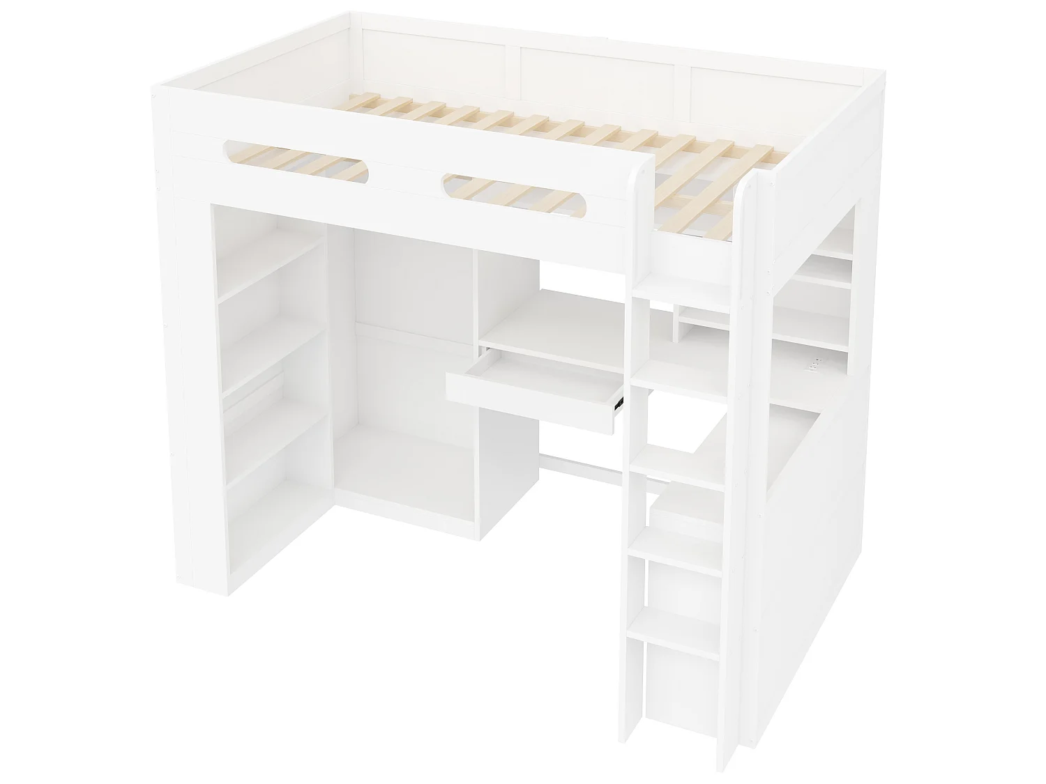 Lit mezzanine 90x200cm - Avec bureau et armoire - 1 tiroir et étagère ouverte - Lumière LED et port USB - Blanc (sans matelas)
