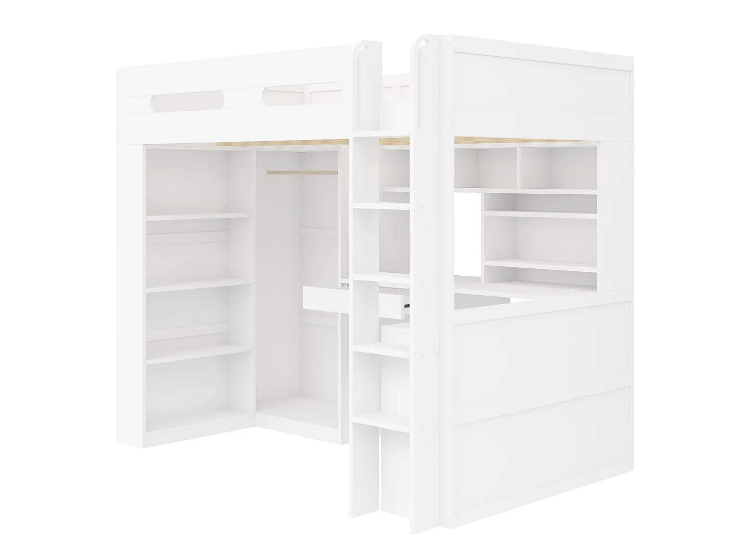 Lit mezzanine 90x200cm - Avec bureau et armoire - 1 tiroir et étagère ouverte - Lumière LED et port USB - Blanc (sans matelas)