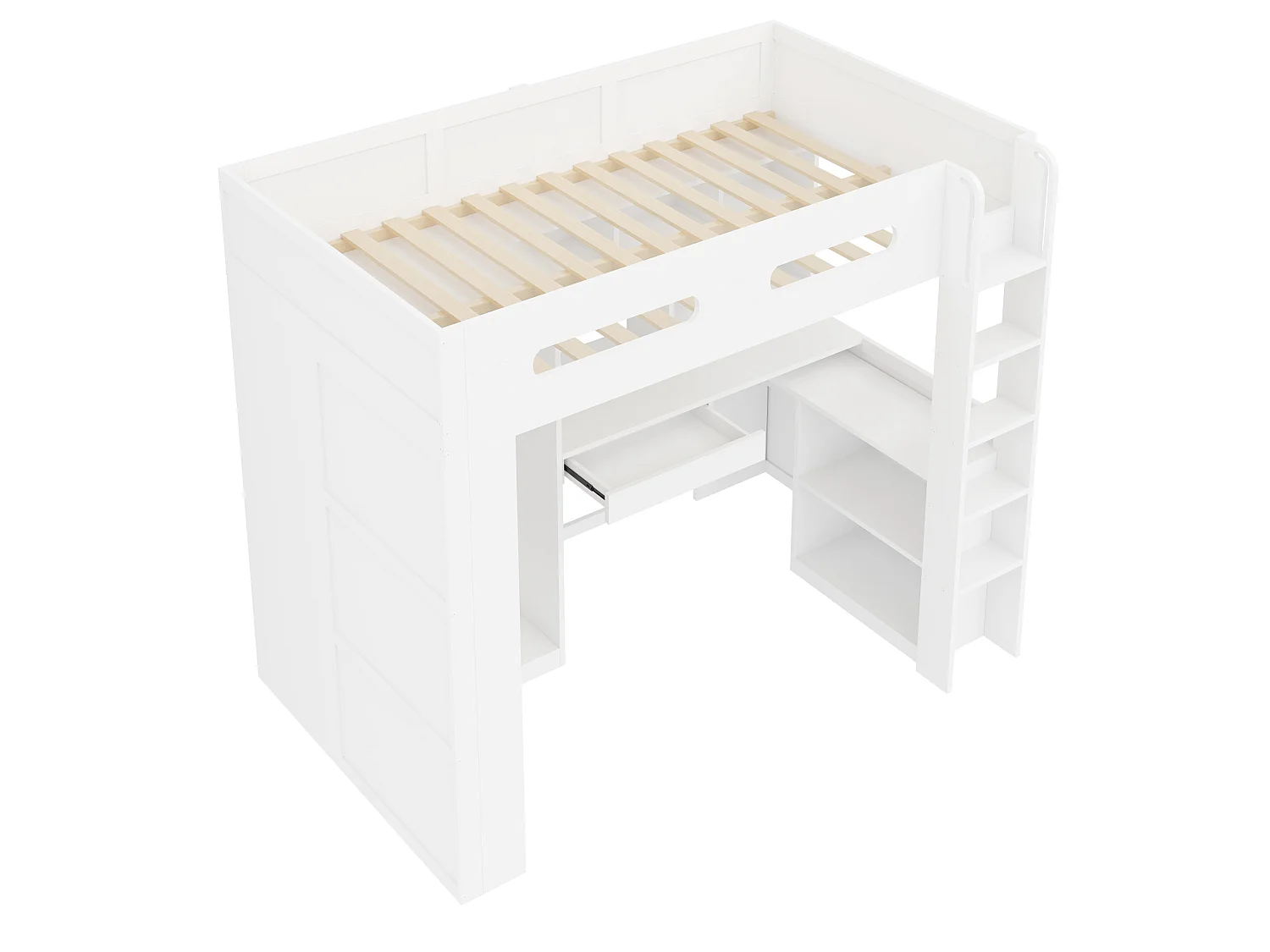 Lit mezzanine 90x200cm - Avec bureau et armoire - 1 tiroir et étagère ouverte - Lumière LED et port USB - Blanc (sans matelas)