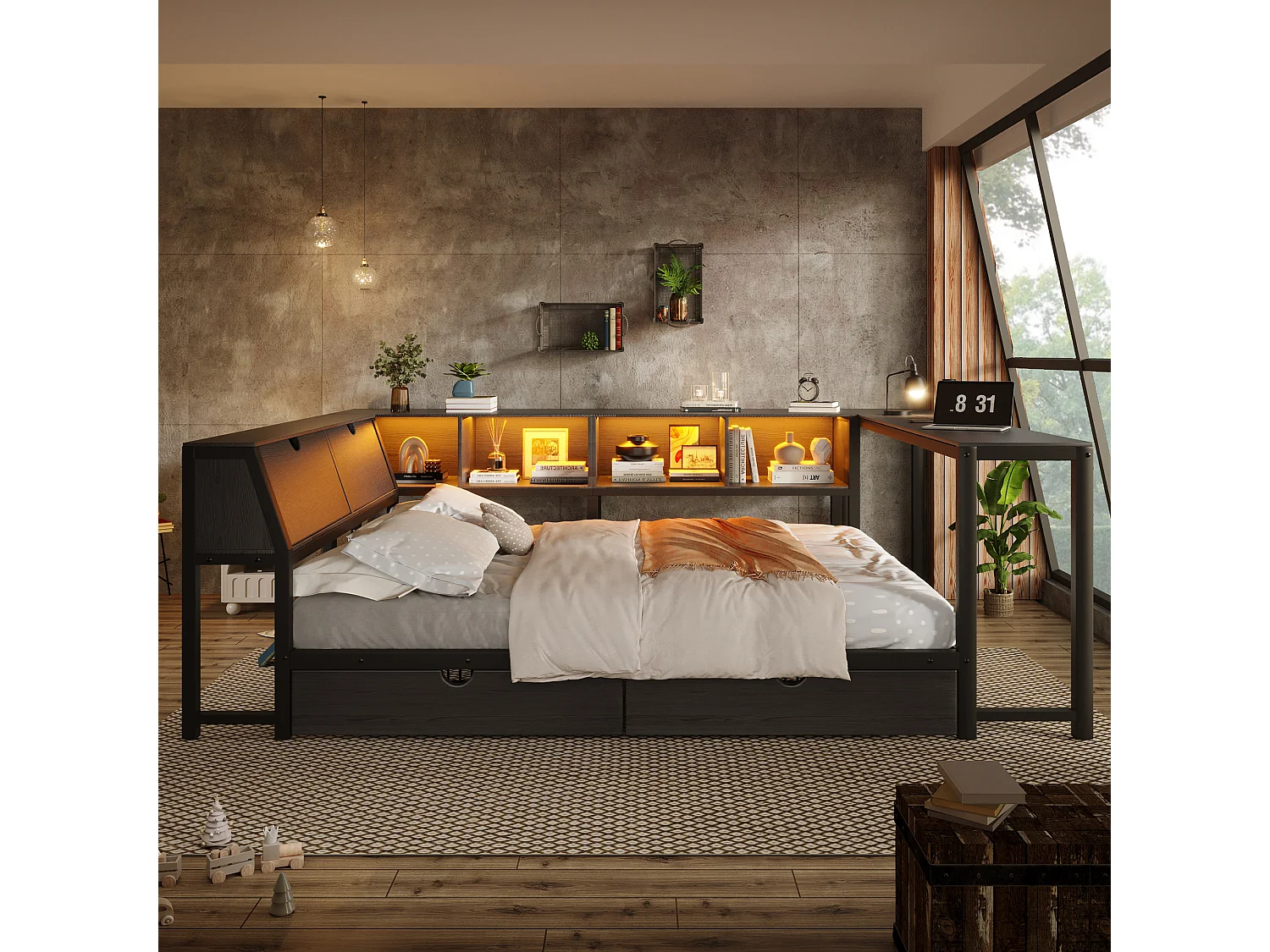 Enkel metall-säng 140x200 cm - Sänggavel med förvaring, LED-belysning - Skrivbord och 2 lådor - Svart (Madrass ingår ej)