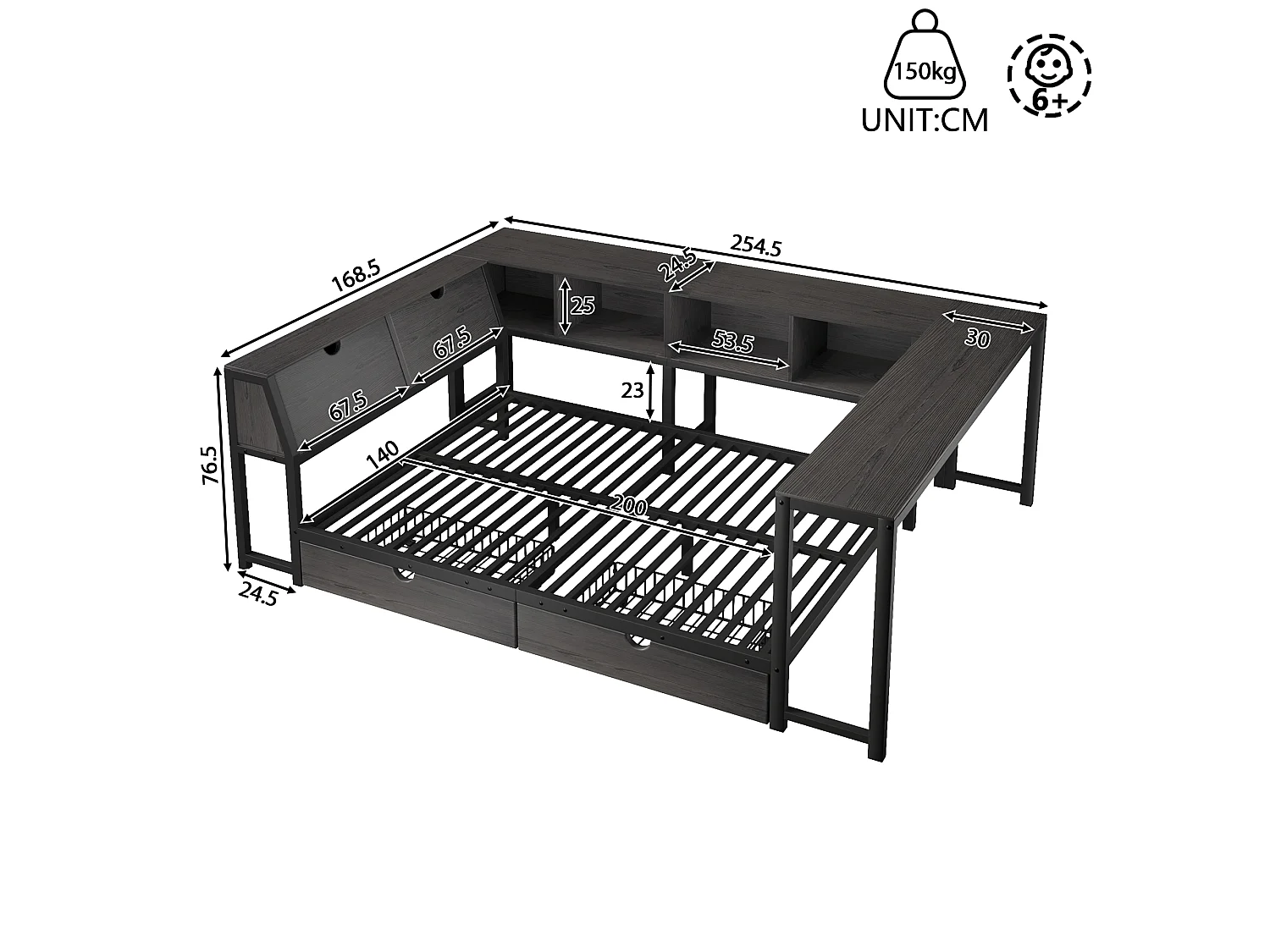 Enkel metall-säng 140x200 cm - Sänggavel med förvaring, LED-belysning - Skrivbord och 2 lådor - Svart (Madrass ingår ej)