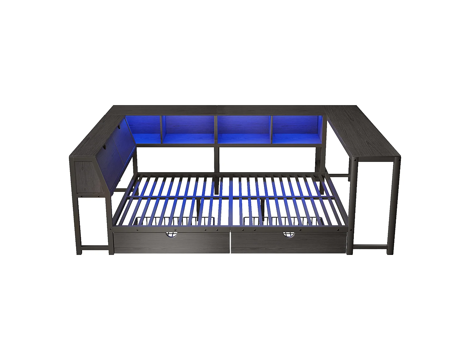 Enkel metall-säng 140x200 cm - Sänggavel med förvaring, LED-belysning - Skrivbord och 2 lådor - Svart (Madrass ingår ej)