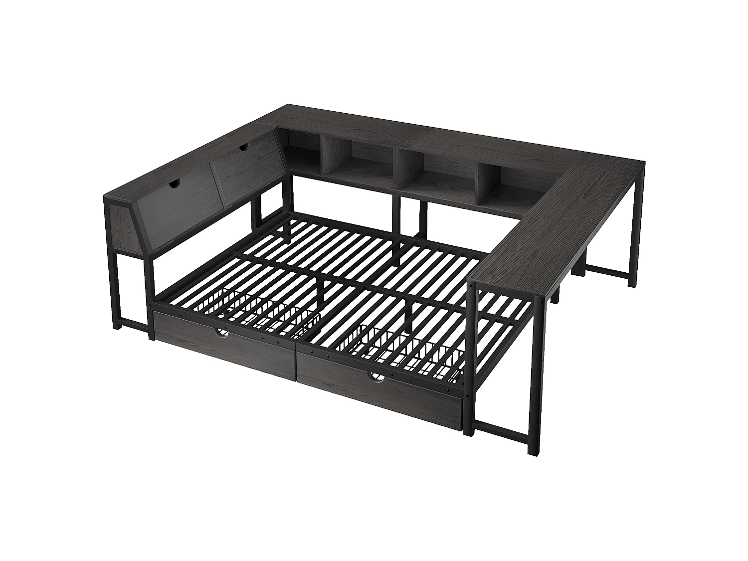 Enkel metall-säng 140x200 cm - Sänggavel med förvaring, LED-belysning - Skrivbord och 2 lådor - Svart (Madrass ingår ej)