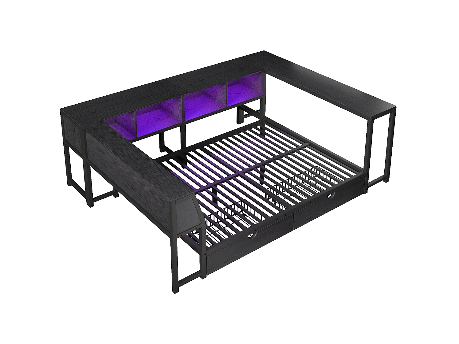 Enkel metall-säng 140x200 cm - Sänggavel med förvaring, LED-belysning - Skrivbord och 2 lådor - Svart (Madrass ingår ej)