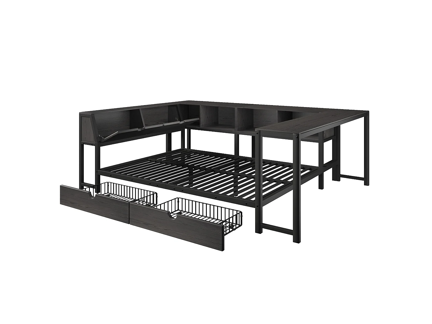 Enkel metall-säng 140x200 cm - Sänggavel med förvaring, LED-belysning - Skrivbord och 2 lådor - Svart (Madrass ingår ej)