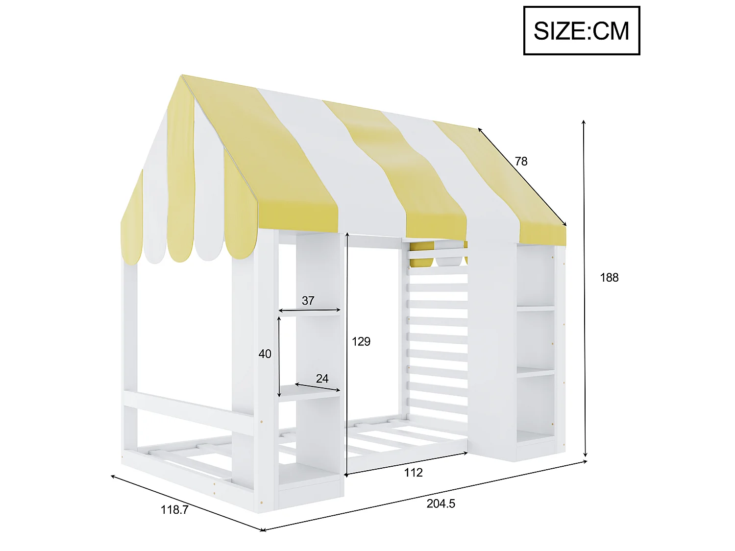Lit enfant 90 x 200 cm - avec baldaquin - espace de rangement ouvert à l'avant - cadre de lit en bois - blanc (matelas non inclus)