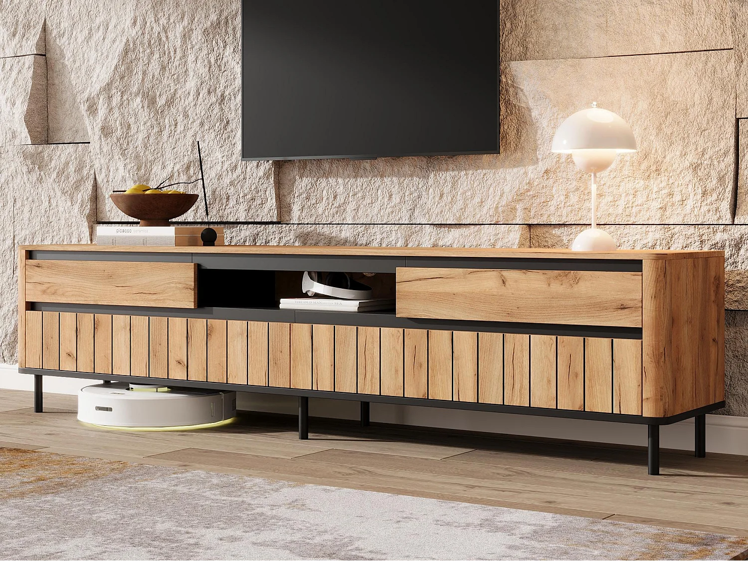 Modern TV-möbel 80x40x52 cm - 2 lådor och 2 nedfällbara dörrar - 6 ben i metall - träfanér - MDF - Naturlig