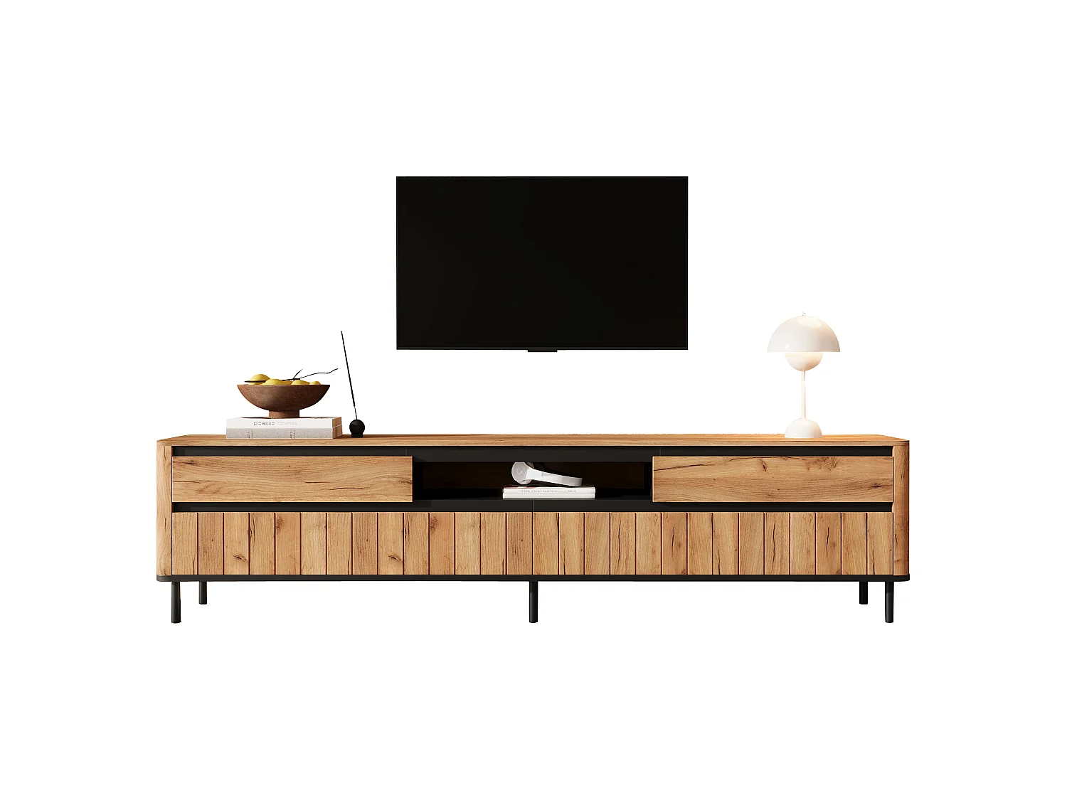 Modern TV-möbel 80x40x52 cm - 2 lådor och 2 nedfällbara dörrar - 6 ben i metall - träfanér - MDF - Naturlig