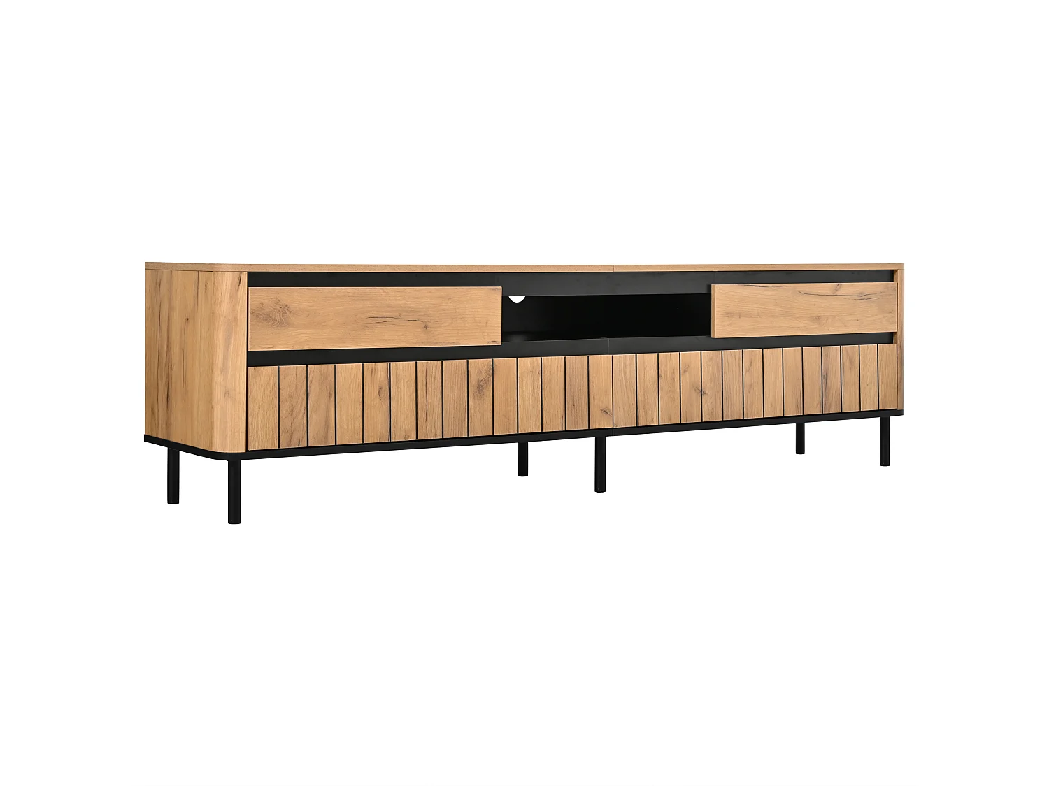 Modern TV-möbel 80x40x52 cm - 2 lådor och 2 nedfällbara dörrar - 6 ben i metall - träfanér - MDF - Naturlig