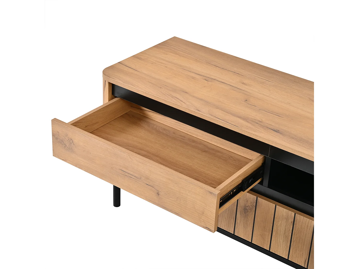 Modern TV-möbel 80x40x52 cm - 2 lådor och 2 nedfällbara dörrar - 6 ben i metall - träfanér - MDF - Naturlig