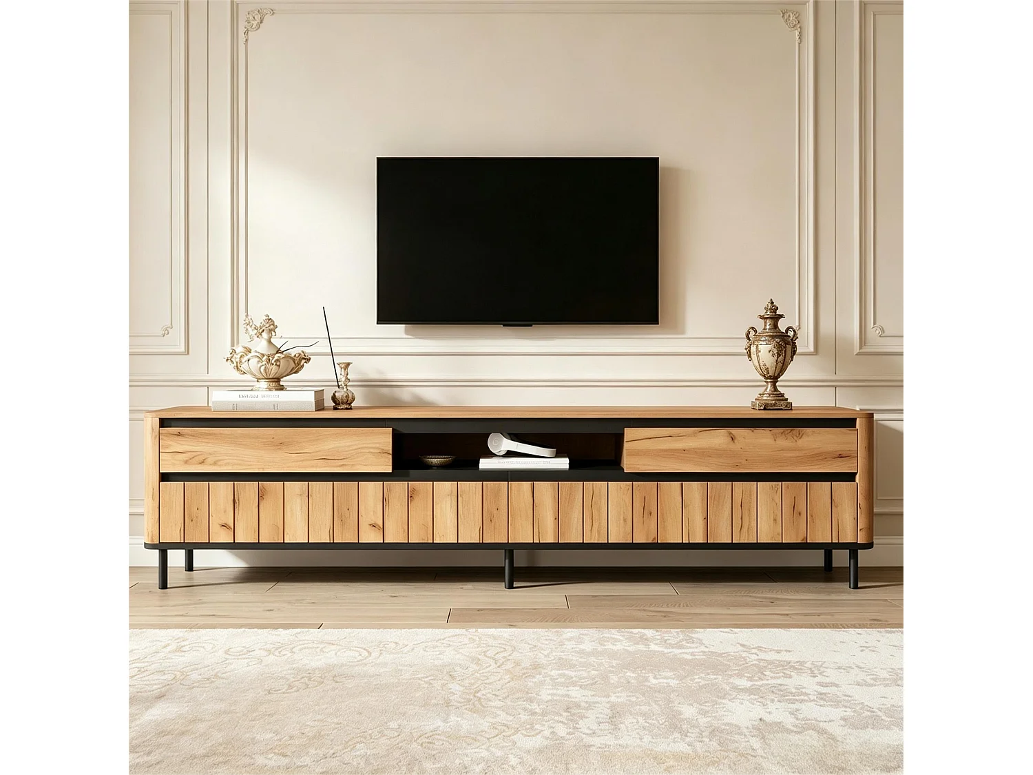 Modern TV-möbel 80x40x52 cm - 2 lådor och 2 nedfällbara dörrar - 6 ben i metall - träfanér - MDF - Naturlig