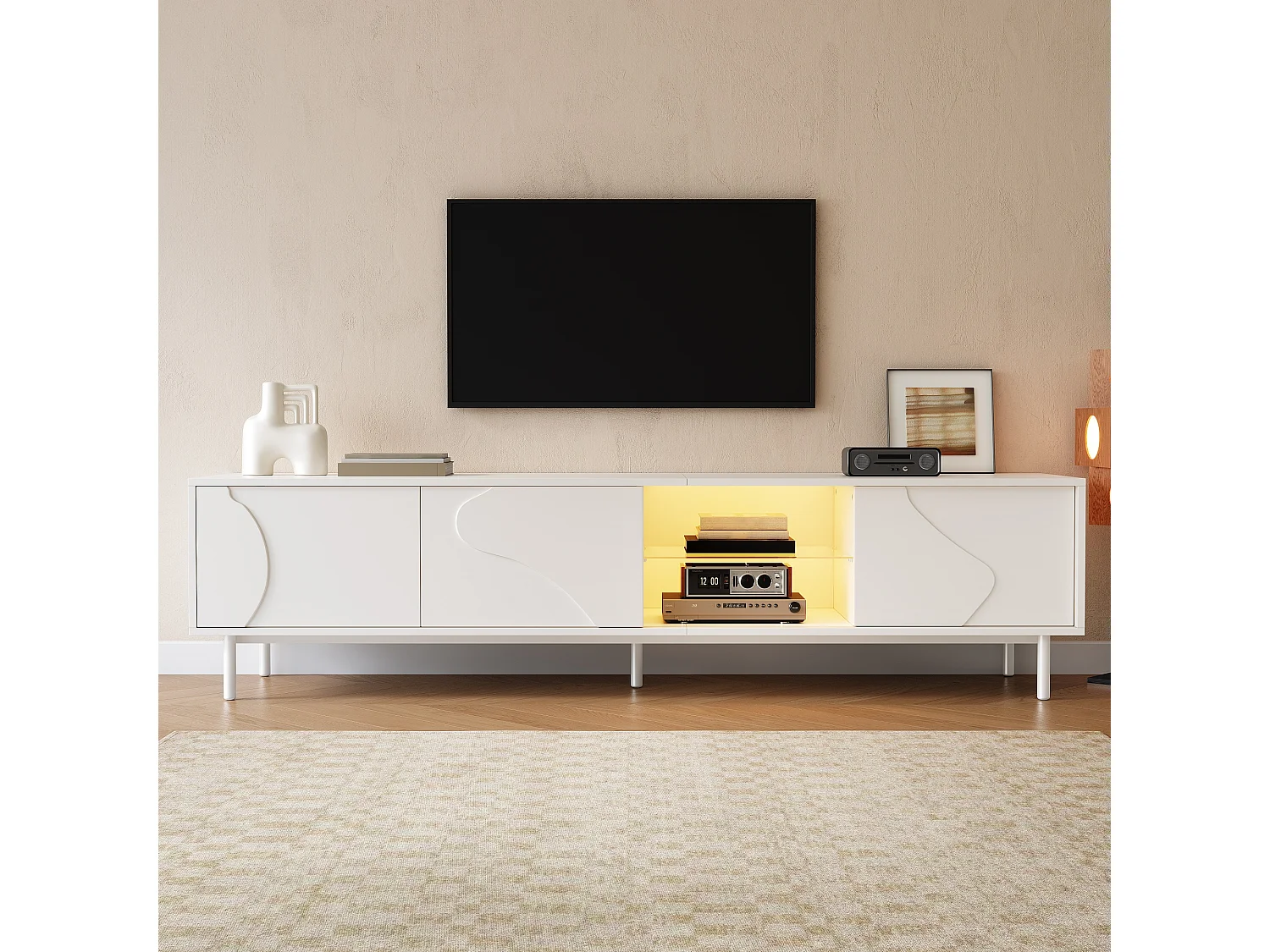 TV-möbel 180x40x45 cm - LED-belysning - 3 skjutdörrar - Glas hyllor - Stålben - MDF - Vit