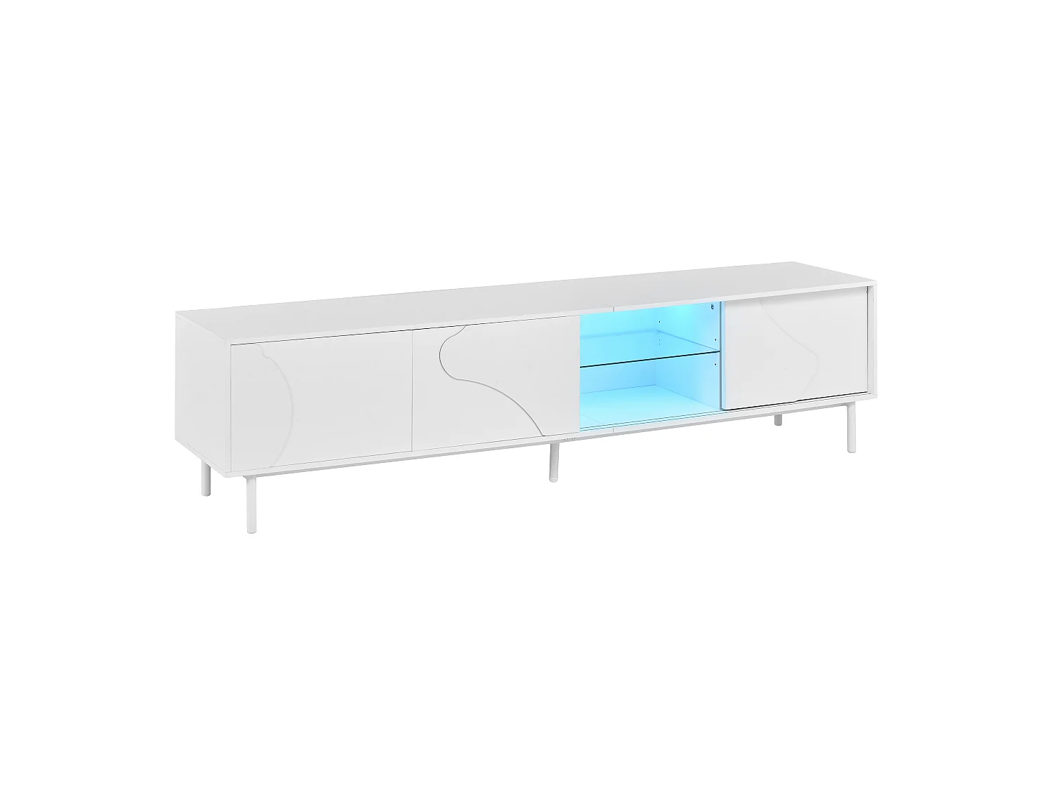 TV-möbel 180x40x45 cm - LED-belysning - 3 skjutdörrar - Glas hyllor - Stålben - MDF - Vit