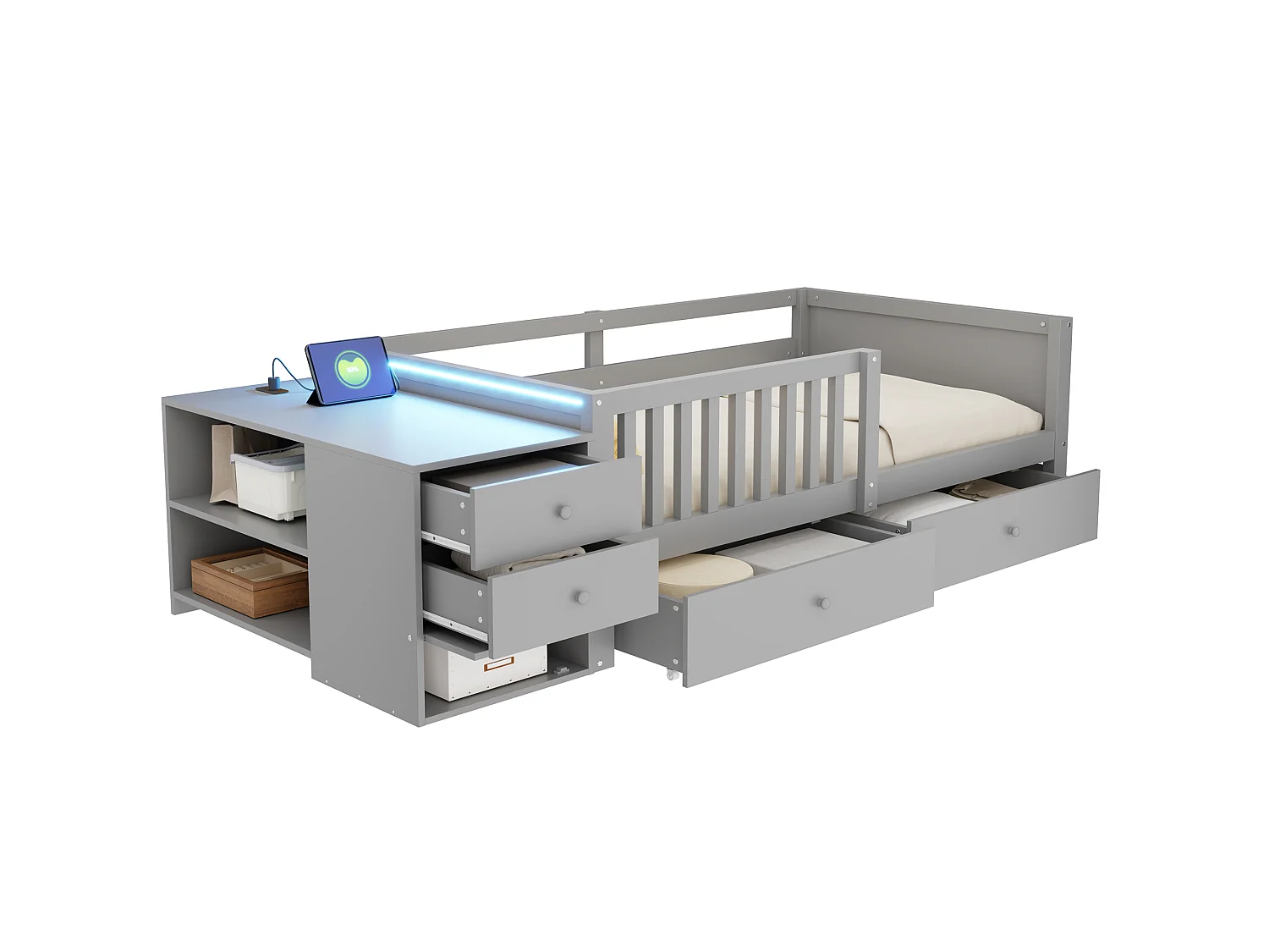 Lit enfant 90 x 200 cm - avec prise électrique - avec éclairage LED - avec 4 tiroirs - gris (matelas non inclus)