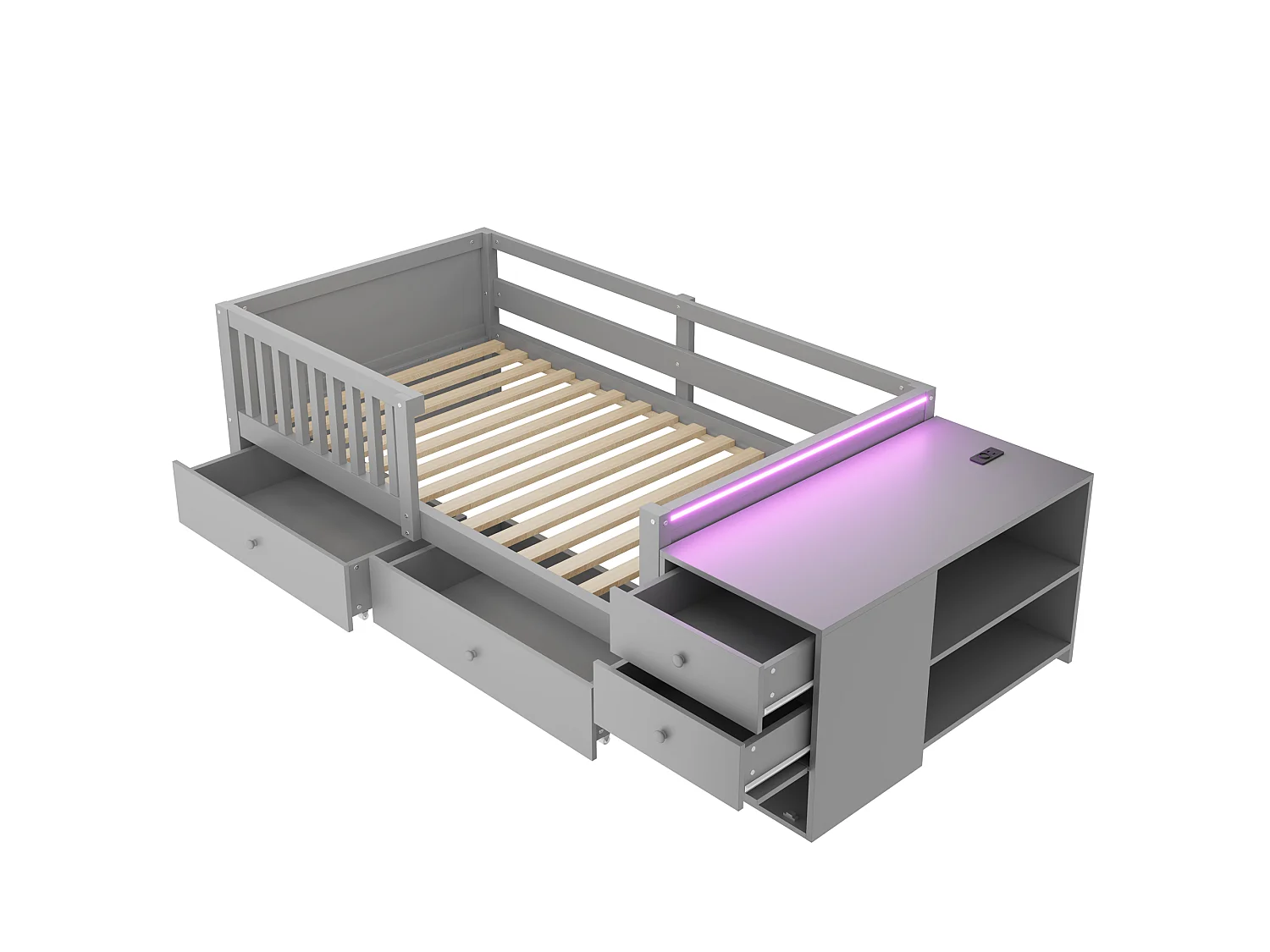 Lit enfant 90 x 200 cm - avec prise électrique - avec éclairage LED - avec 4 tiroirs - gris (matelas non inclus)