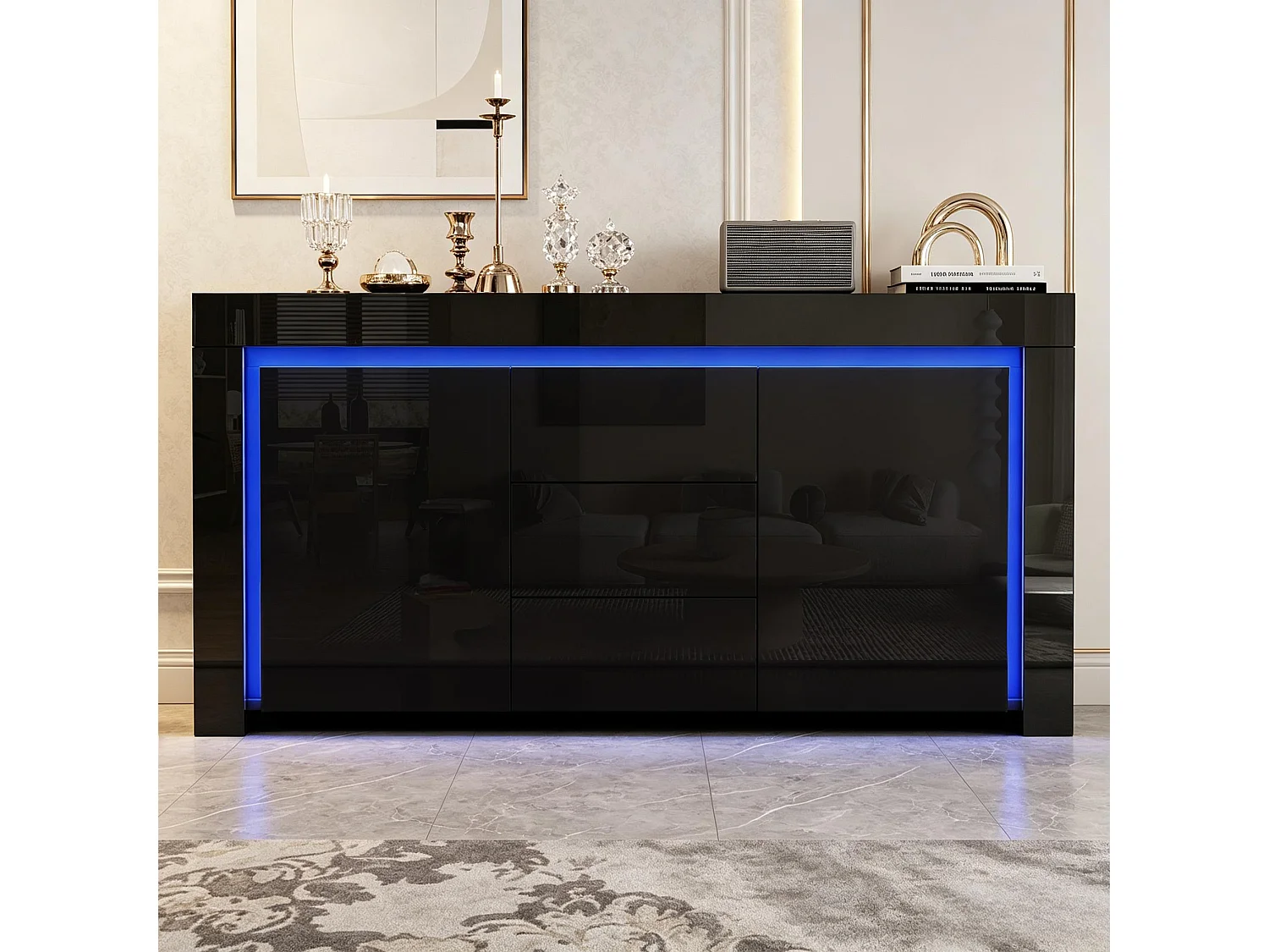 Buffet modern 140x40x65 cm - 3 laden en 2 deuren - LED-verlichting - Glanzende afwerking - MDF - Zwart