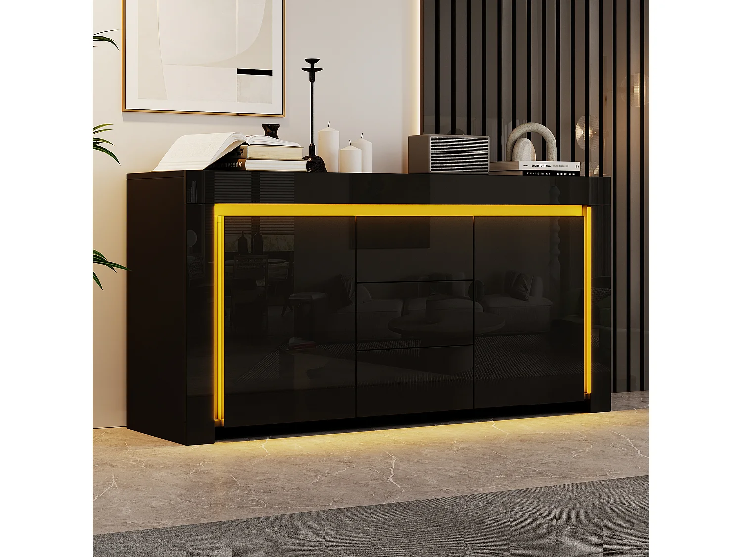 Buffet modern 140x40x65 cm - 3 laden en 2 deuren - LED-verlichting - Glanzende afwerking - MDF - Zwart
