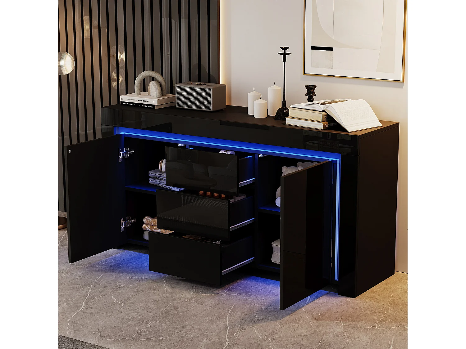 Buffet modern 140x40x65 cm - 3 laden en 2 deuren - LED-verlichting - Glanzende afwerking - MDF - Zwart