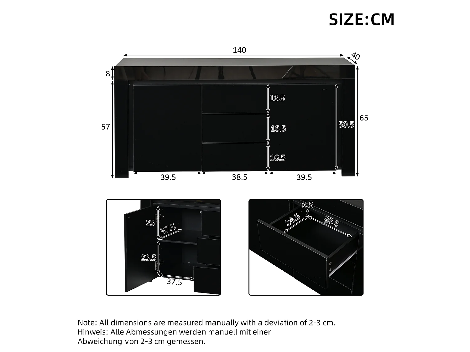 Buffet modern 140x40x65 cm - 3 laden en 2 deuren - LED-verlichting - Glanzende afwerking - MDF - Zwart