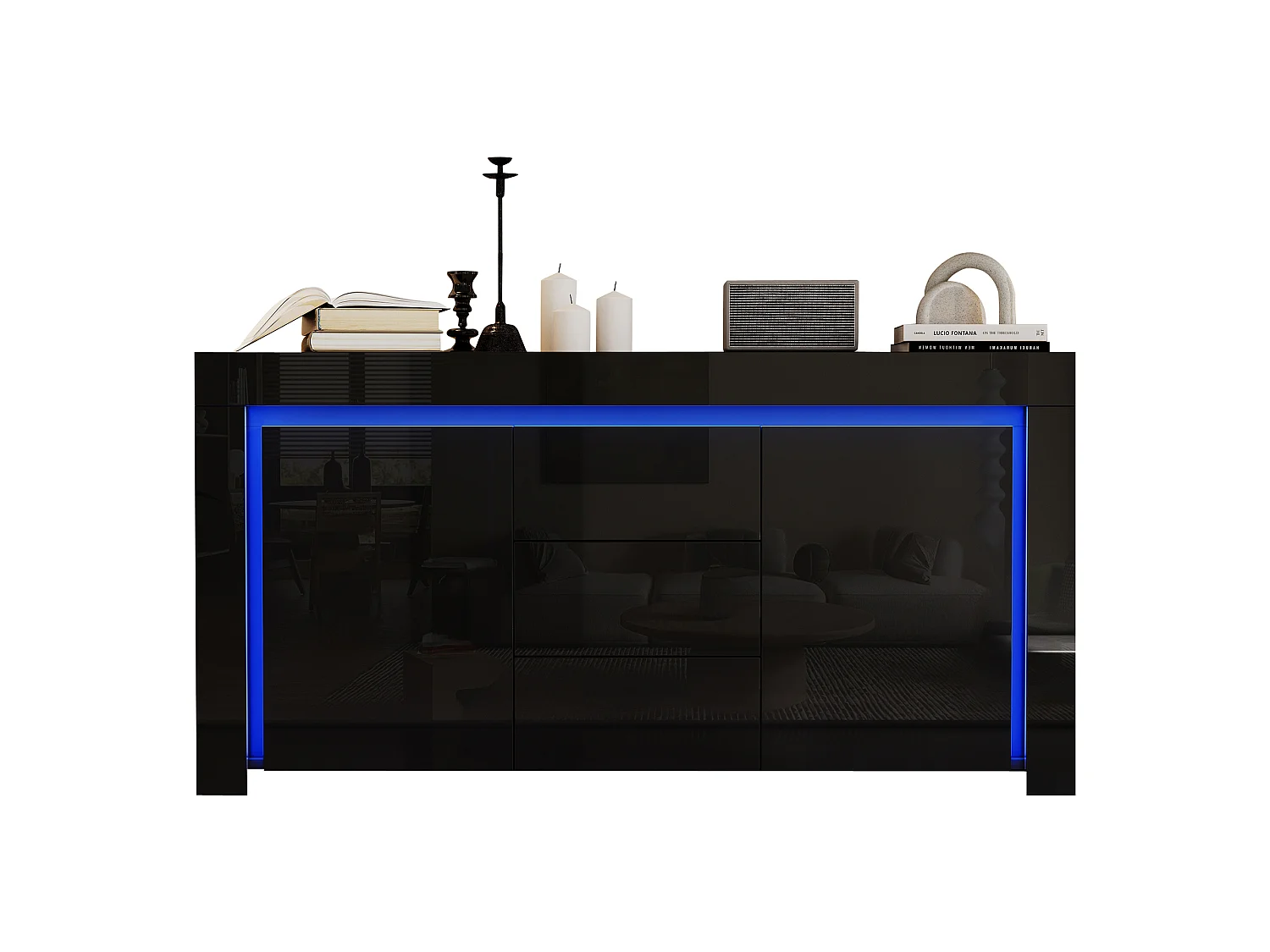 Buffet modern 140x40x65 cm - 3 laden en 2 deuren - LED-verlichting - Glanzende afwerking - MDF - Zwart