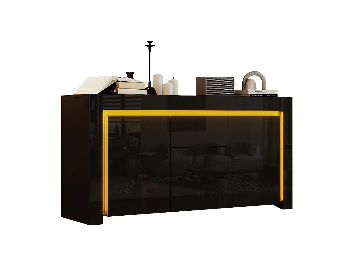 Buffet modern 140x40x65 cm - 3 laden en 2 deuren - LED-verlichting - Glanzende afwerking - MDF - Zwart