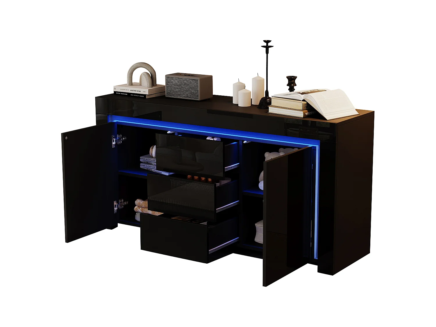 Buffet modern 140x40x65 cm - 3 laden en 2 deuren - LED-verlichting - Glanzende afwerking - MDF - Zwart