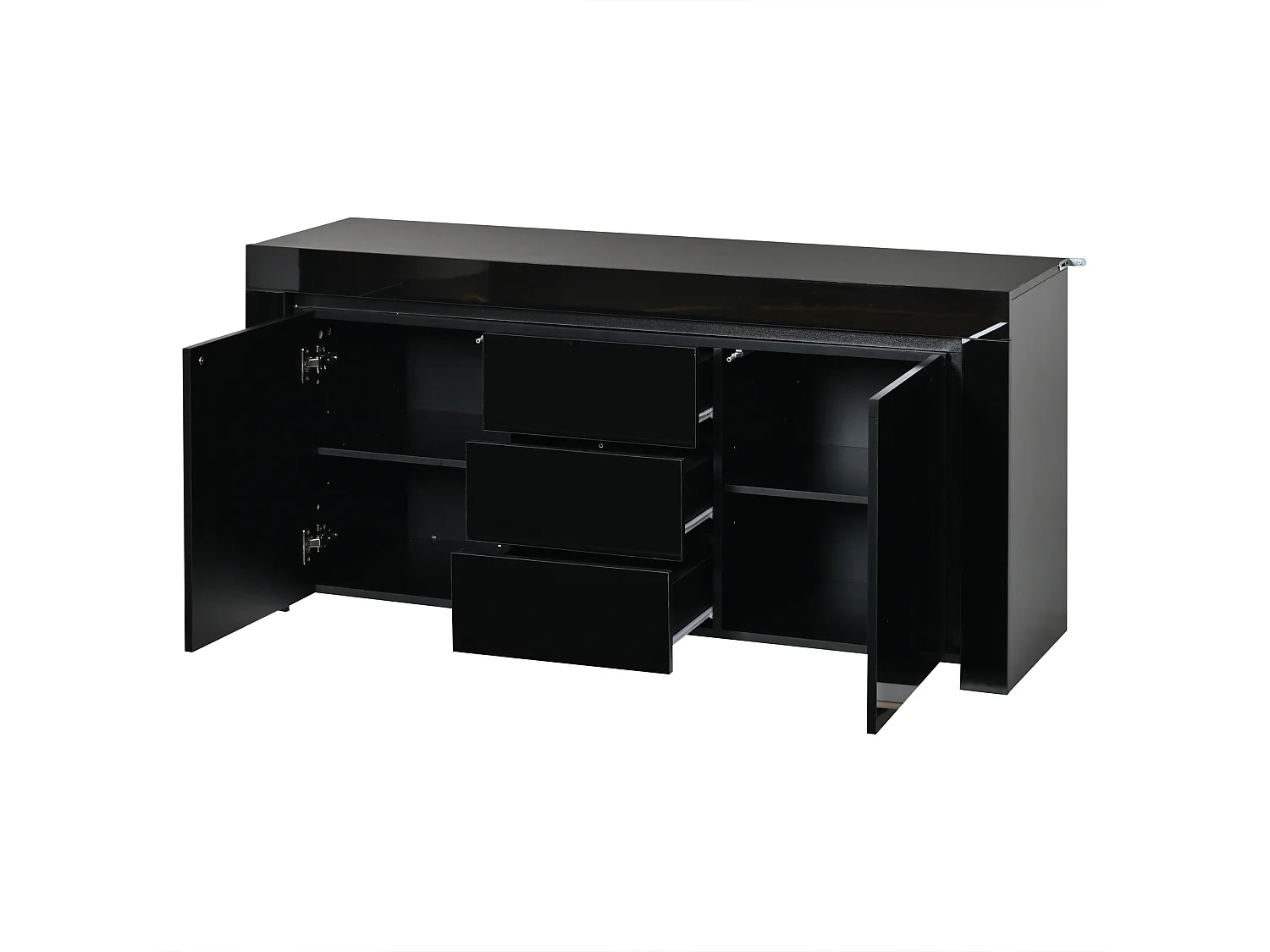 Buffet modern 140x40x65 cm - 3 laden en 2 deuren - LED-verlichting - Glanzende afwerking - MDF - Zwart