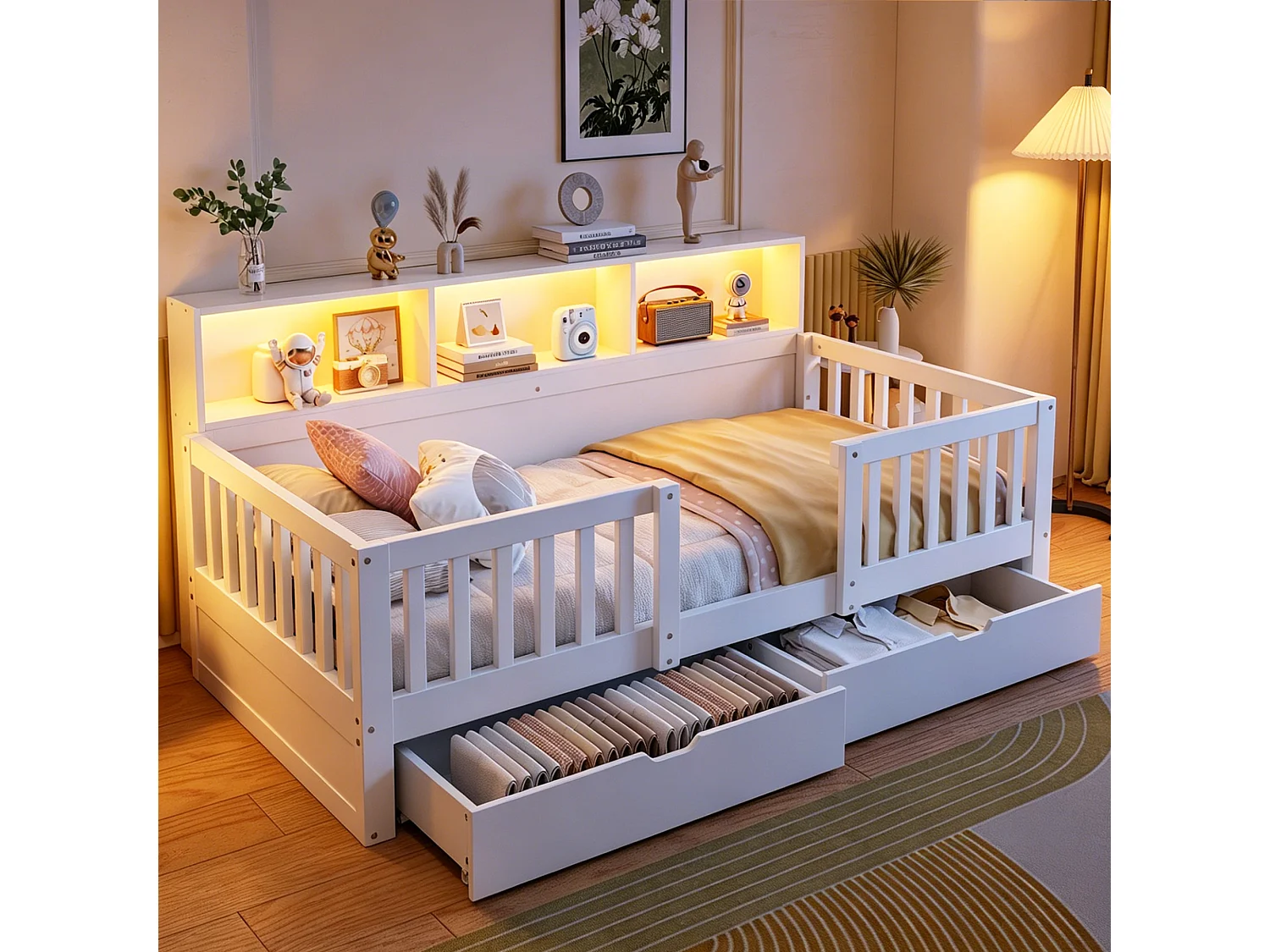 Barnsäng 90 x 200 cm – med säkerhetsskenor – med 2 lådor – med hyllor – med LED-belysning – vit (madrass ingår ej)