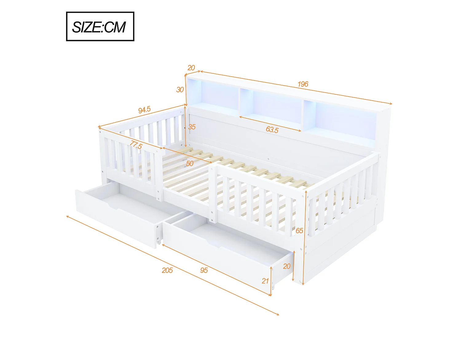 Barnsäng 90 x 200 cm – med säkerhetsskenor – med 2 lådor – med hyllor – med LED-belysning – vit (madrass ingår ej)