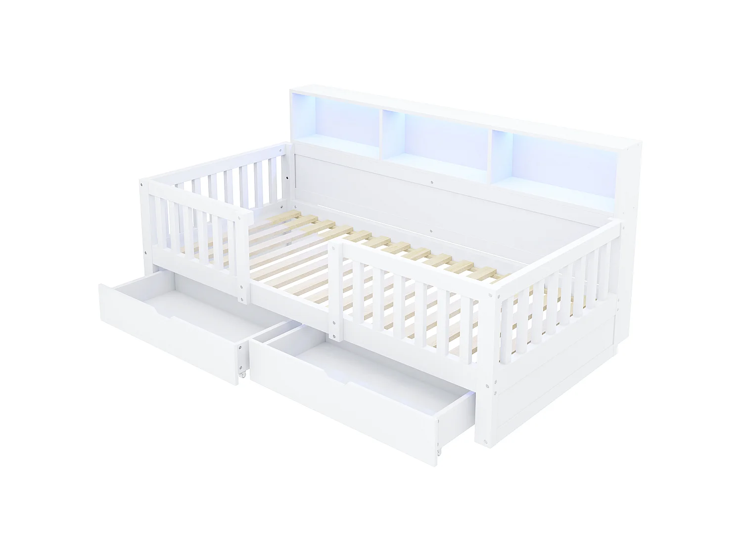 Barnsäng 90 x 200 cm – med säkerhetsskenor – med 2 lådor – med hyllor – med LED-belysning – vit (madrass ingår ej)
