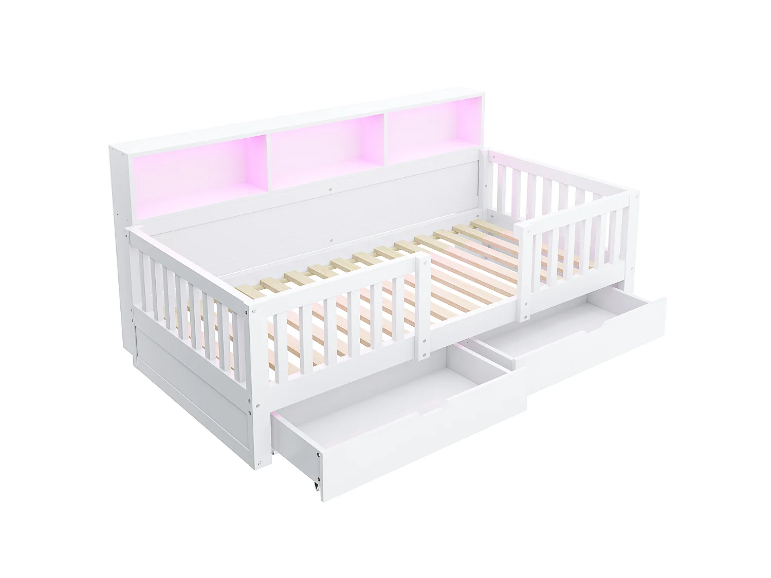 Barnsäng 90 x 200 cm – med säkerhetsskenor – med 2 lådor – med hyllor – med LED-belysning – vit (madrass ingår ej)