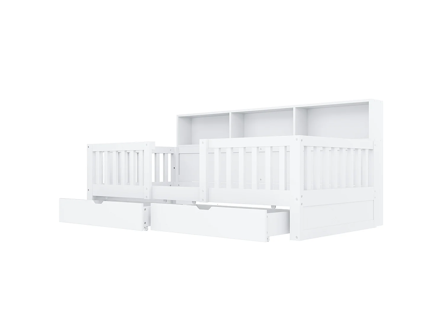 Barnsäng 90 x 200 cm – med säkerhetsskenor – med 2 lådor – med hyllor – med LED-belysning – vit (madrass ingår ej)