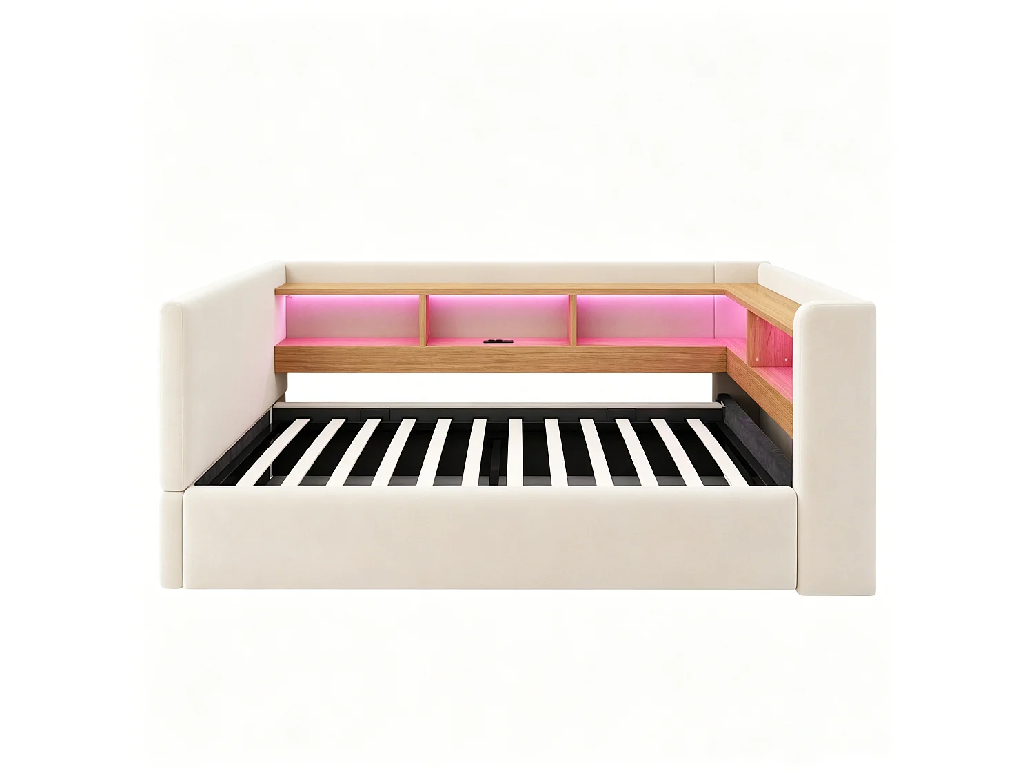 Canapé-lit coffre rembourré 90x190 cm - avec lumière LED - avec prise électrique - avec compartiments de rangement - flanelle - beige (matelas non inclus)