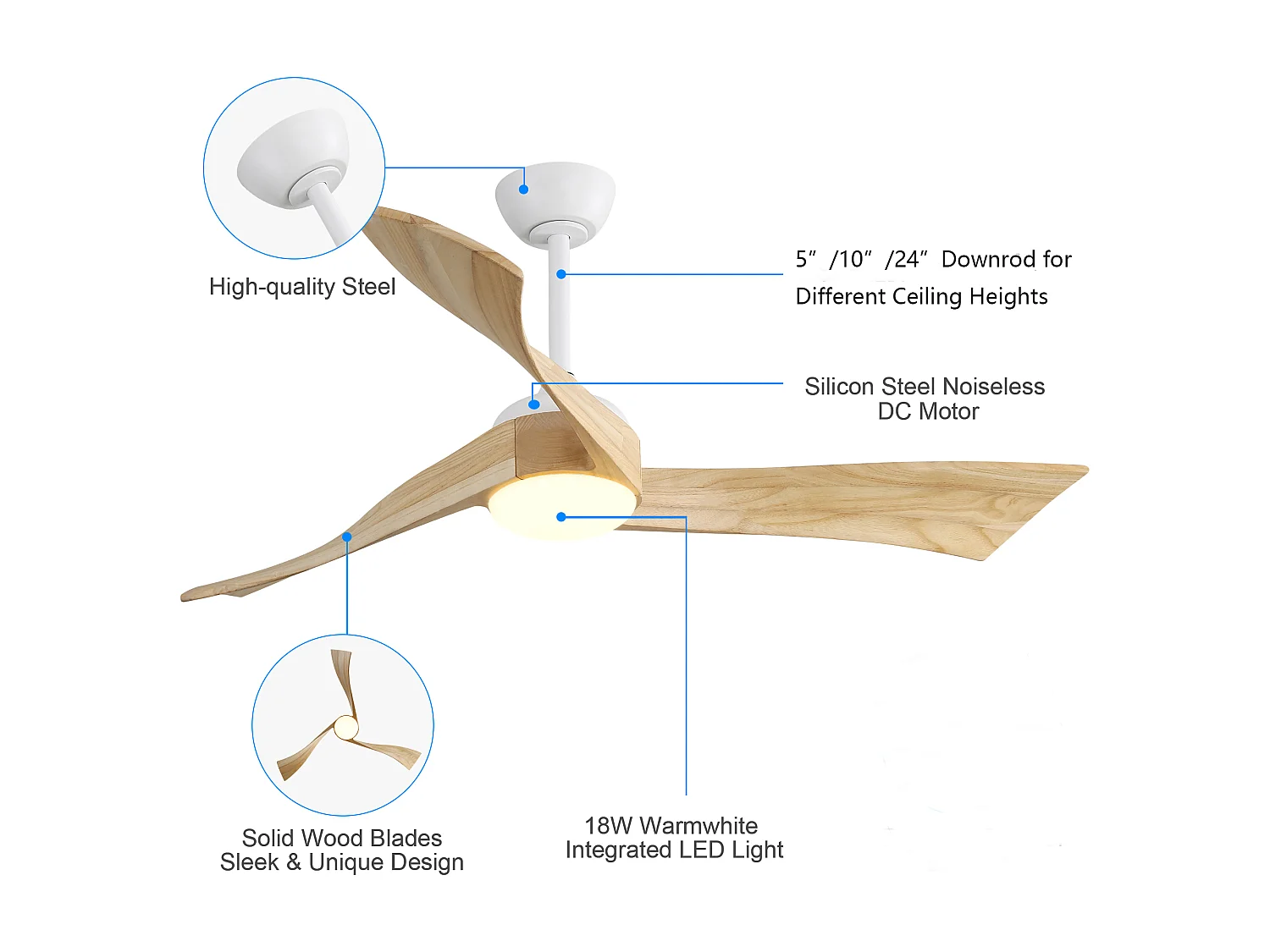 Ventilatore da Soffitto Minimalista 132cm, 52" - 3 Pale in Legno Massello, Motore DC Ultra-Silenzioso, Illuminazione LED, Telecomando, Reversibile - Legno