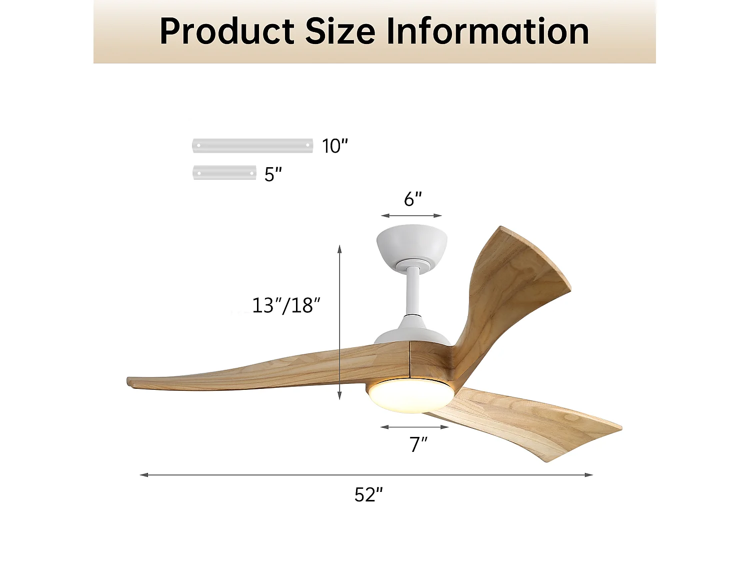 Ventilatore da Soffitto Minimalista 132cm, 52" - 3 Pale in Legno Massello, Motore DC Ultra-Silenzioso, Illuminazione LED, Telecomando, Reversibile - Legno