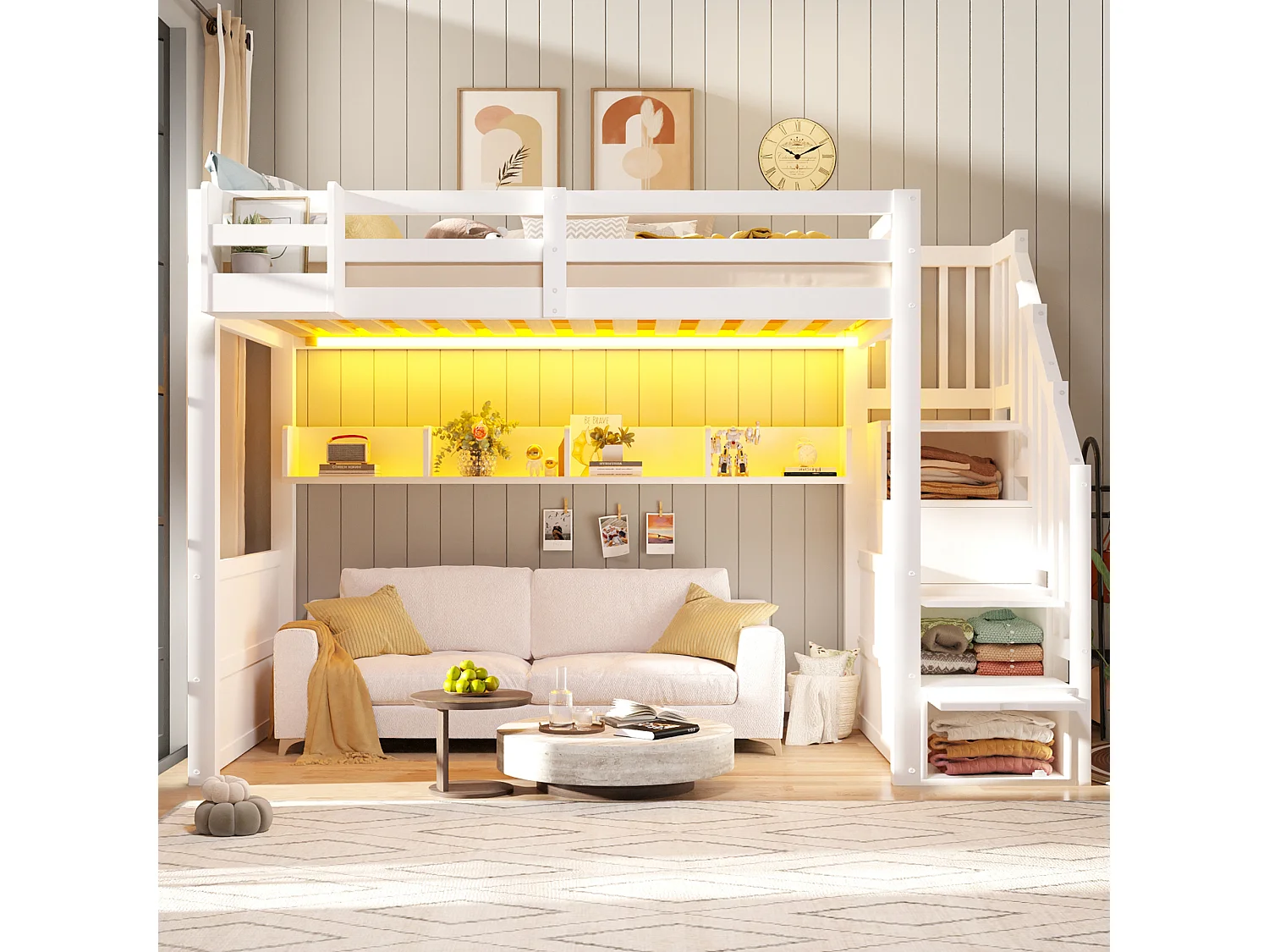 Lit mezzanine en bois 90x200 cm - avec échelle de rangement et penderie - Éclairage LED - Barrière de sécurité - Blanc (sans matelas)