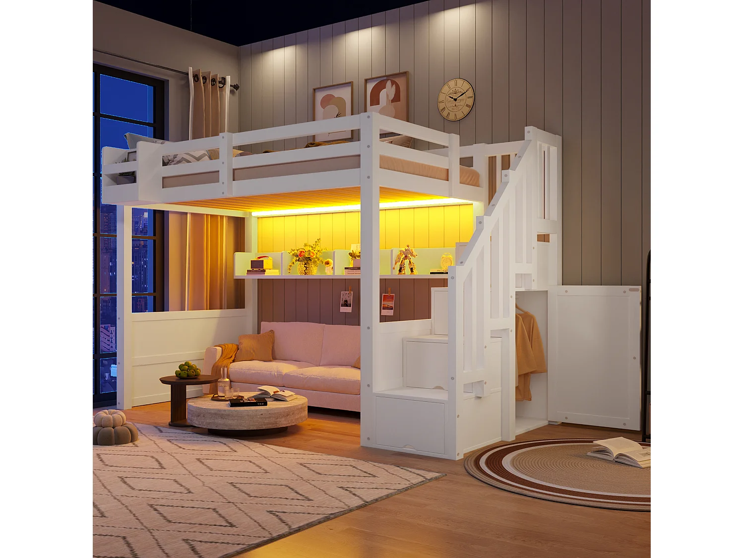 Lit mezzanine en bois 90x200 cm - avec échelle de rangement et penderie - Éclairage LED - Barrière de sécurité - Blanc (sans matelas)
