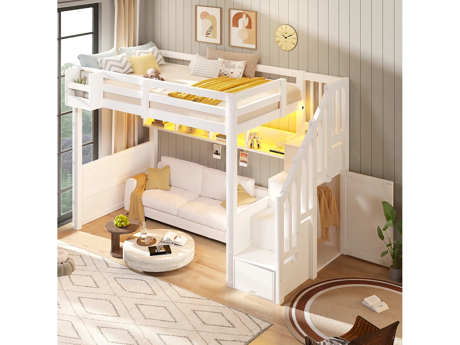 Lit mezzanine en bois 90x200 cm - avec échelle de rangement et penderie - Éclairage LED - Barrière de sécurité - Blanc (sans matelas)