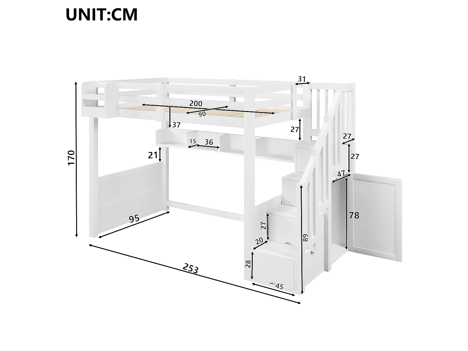 Lit mezzanine en bois 90x200 cm - avec échelle de rangement et penderie - Éclairage LED - Barrière de sécurité - Blanc (sans matelas)