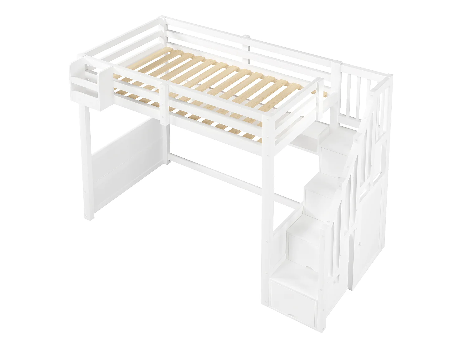 Lit mezzanine en bois 90x200 cm - avec échelle de rangement et penderie - Éclairage LED - Barrière de sécurité - Blanc (sans matelas)